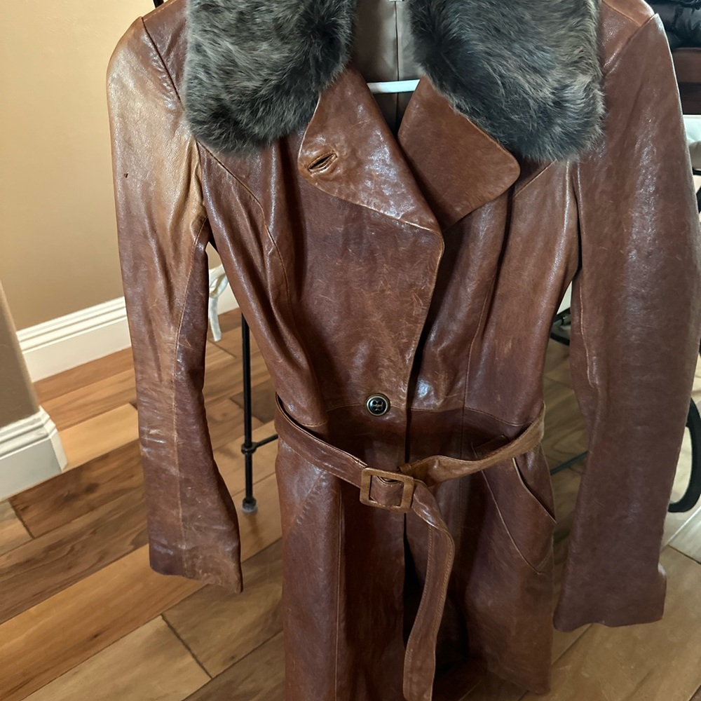 june & hudson Brown Trench Coat with Leather and Fur Collar